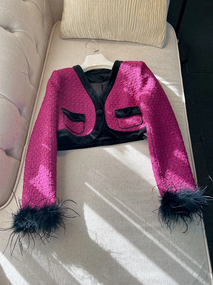 أوائل الربيع خمر الراقية الوردي ريشة Sve ort Jaet المرأة Faionable Ele Sle صغيرة Fraance سيدة الرياح #4