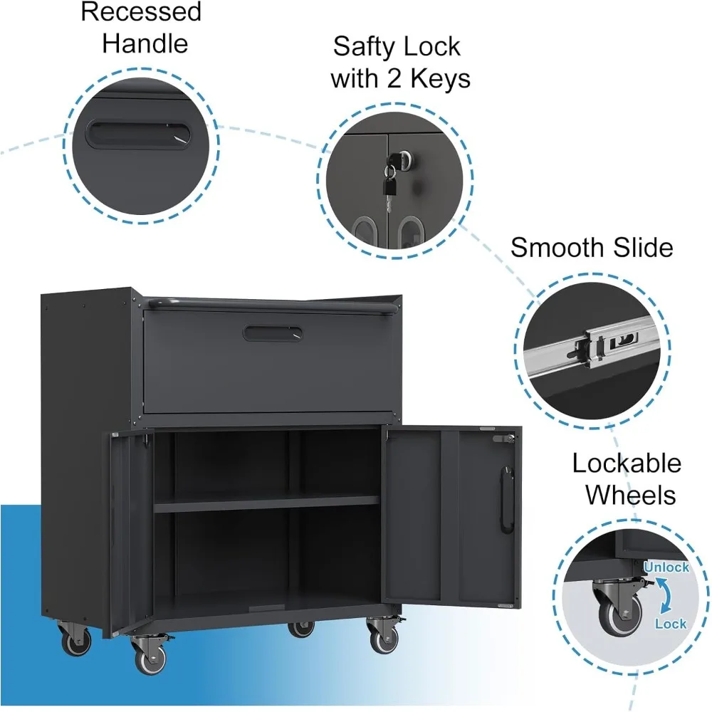 Wytrzymała metalowa szafka narzędziowa na kółkach z szufladami i funkcją blokowania.