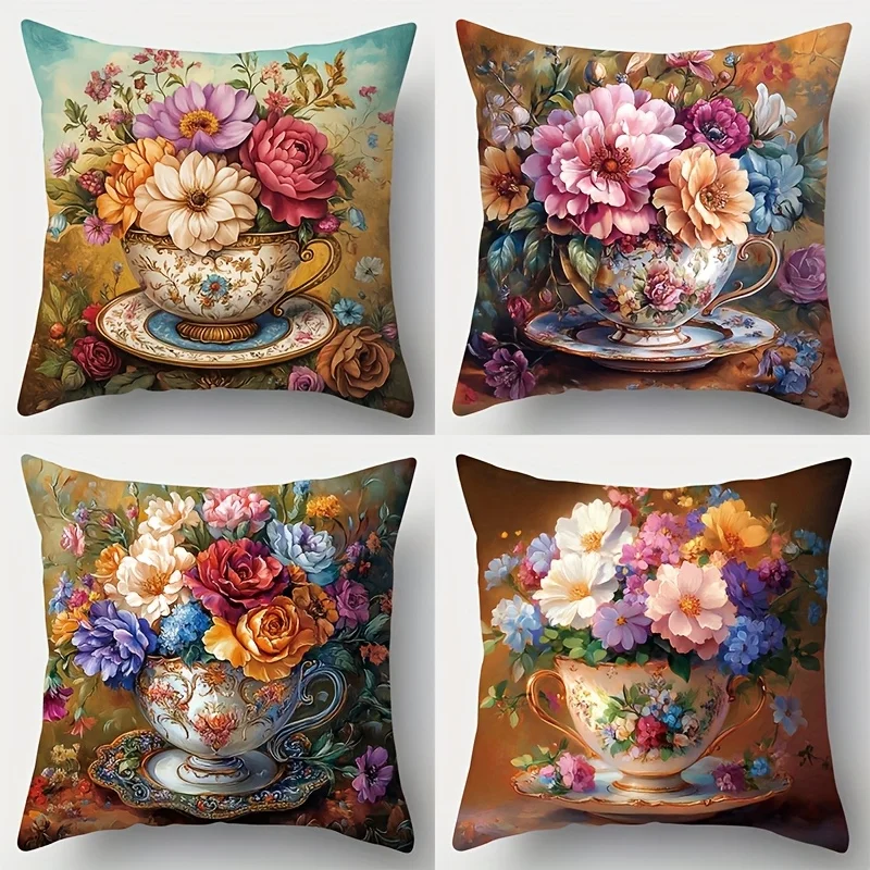 Vintage Floral Bouquet Pillowcase Covers Decorative Print Cushion Set for Bedroom Home Decor Romantic Flower Art Pillowcases 4pc
