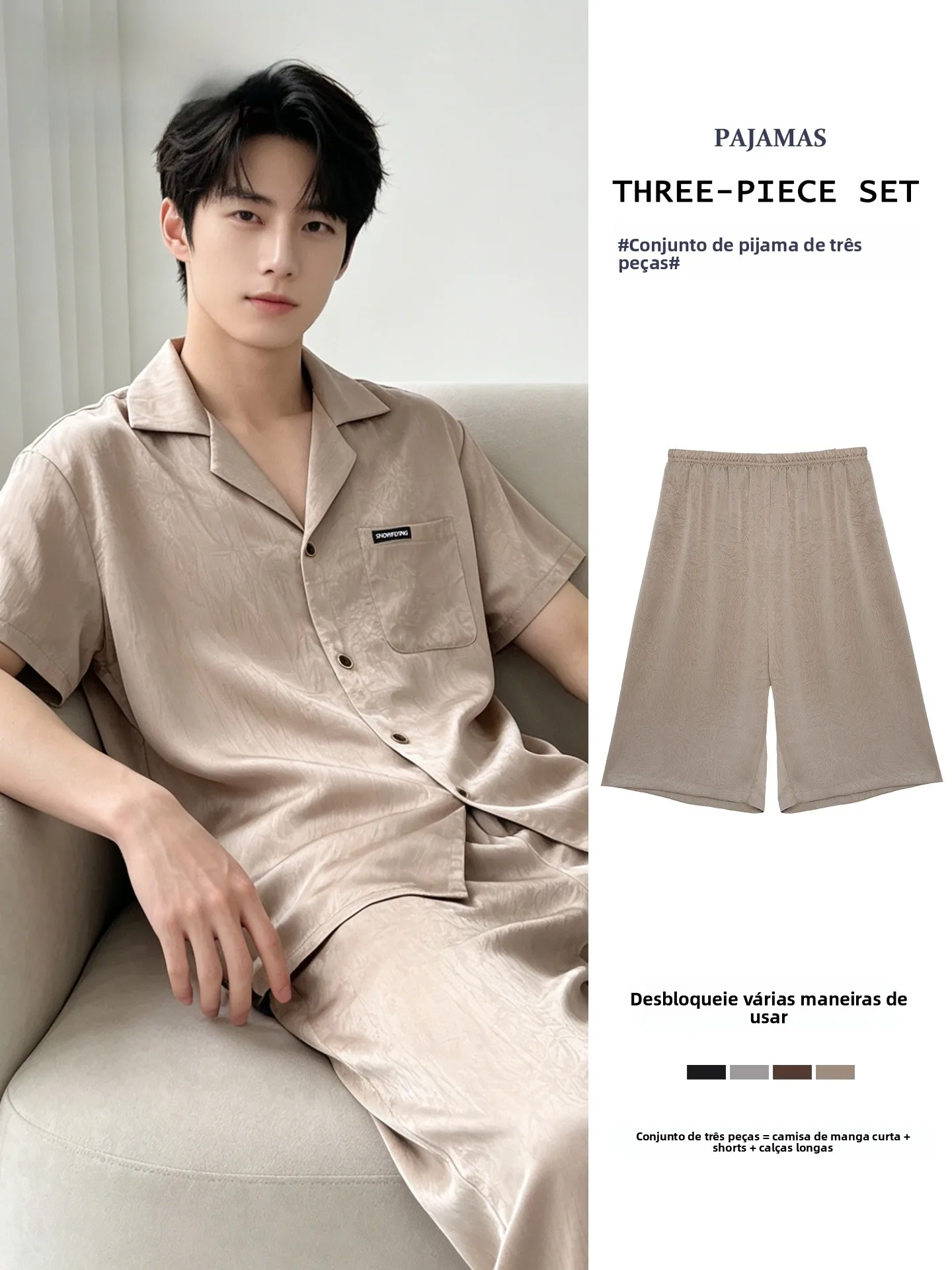 snow-flying-ice-silk-sleepwear-men's-summer-new-short-sleeve-shorts-pants-three-piece-set-thin-cool-feeling-breathable-nightgown
