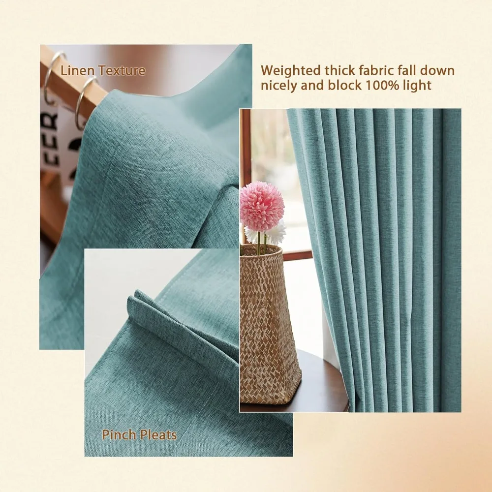 Blackout Curtains 100% Textured Linen, Pinch Pleat Design, 84 Length, Energy Efficient, Ideal for Bedrooms and Living Rooms