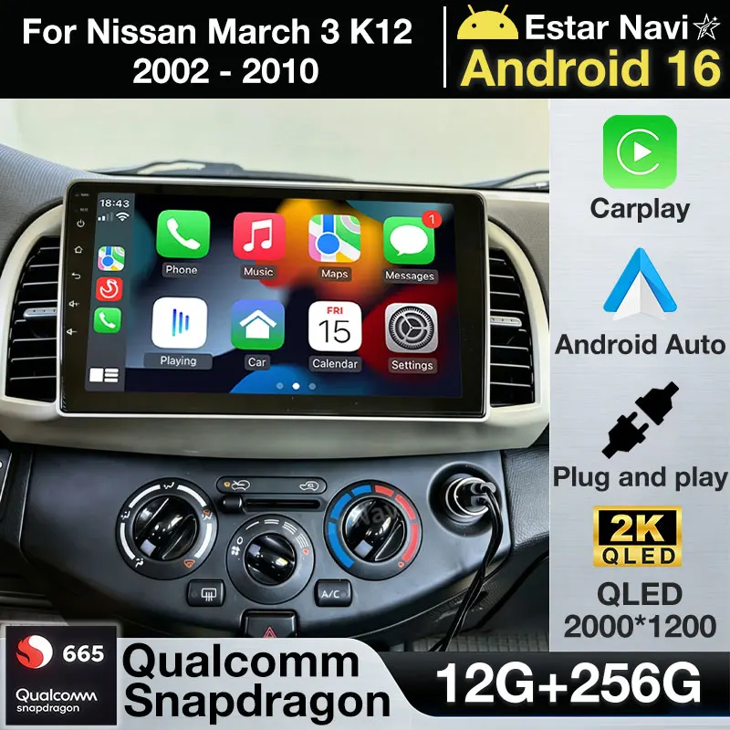 Radio para Auto con Android 16 para Nissan March 3 K12 2002-2010, Carplay Inalámbrico, Auto DSP, BT, GPS, Reproductor Multimedia, Navegador, Unidad Principal Estéreo
