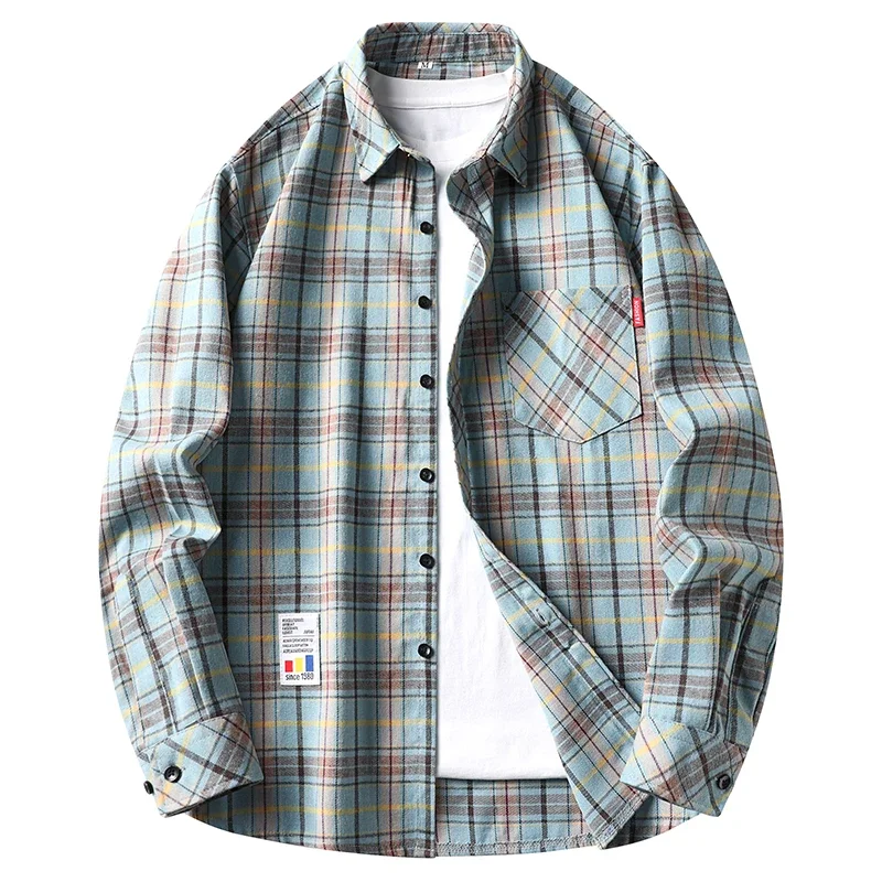 Breathable Check Pattern Shirt Loose Fit Turn Down Collar Pocket Tag Autumn Daily Casual Men Outer Blouse