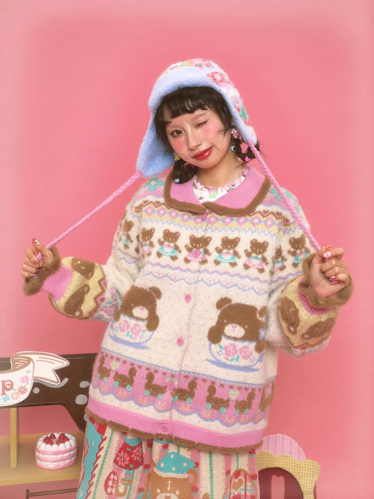 

Warm Knitted Milk White Tea Cup Bear Mink Coat Cardigan Cute Sle Loose Fit Long Sve Women's Winter Faion Ladies Knitwear