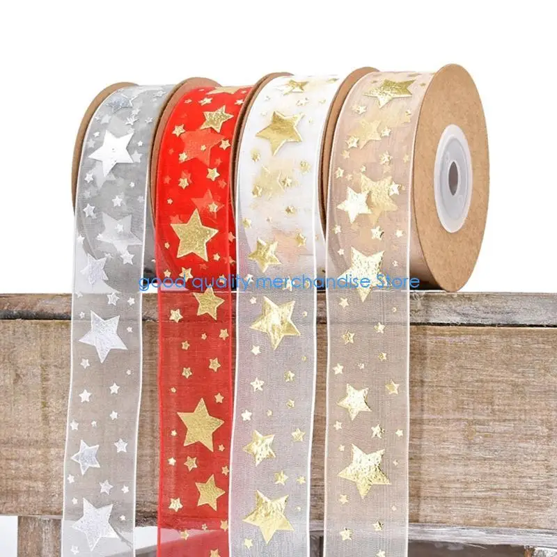 

Y5JD Tulle Ribbons Printed Star for Wedding Christmas Party Decorations DIY Bow Craft Ribbons Supplies DIY Handmade Cake