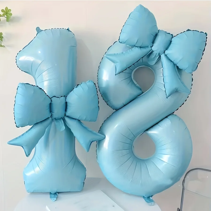 2 Stück/Set Blaue Zahlen- & Schleifen-Folienballons mit Klebepunkten, Valentinstag Geburtstag Hochzeit Verlobung Jubiläum Feiertagsparty Dekoration – Detail 1