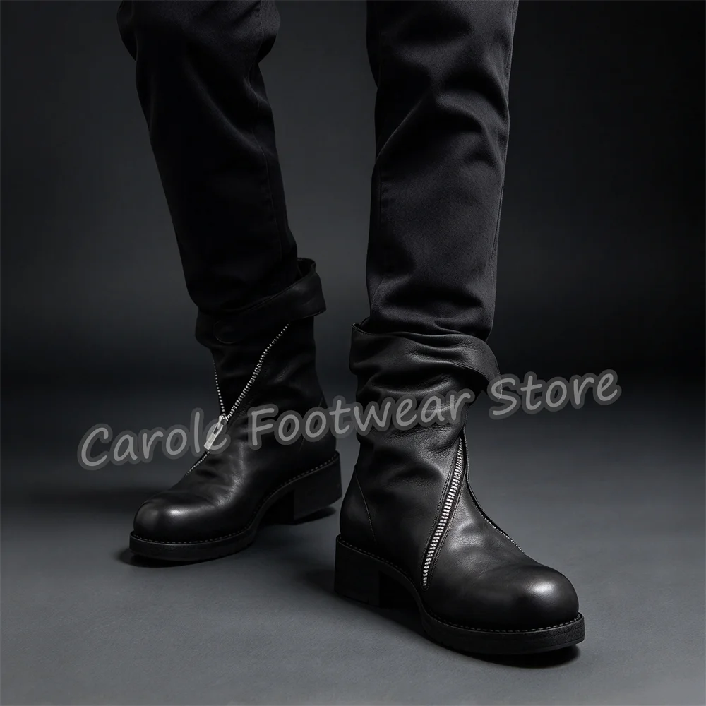 Vintage Chunky Heel High Top Motorcycle Boots Male Front Oblique Zipper Mid Calf Boots Fashion Business Streetwear Shoes