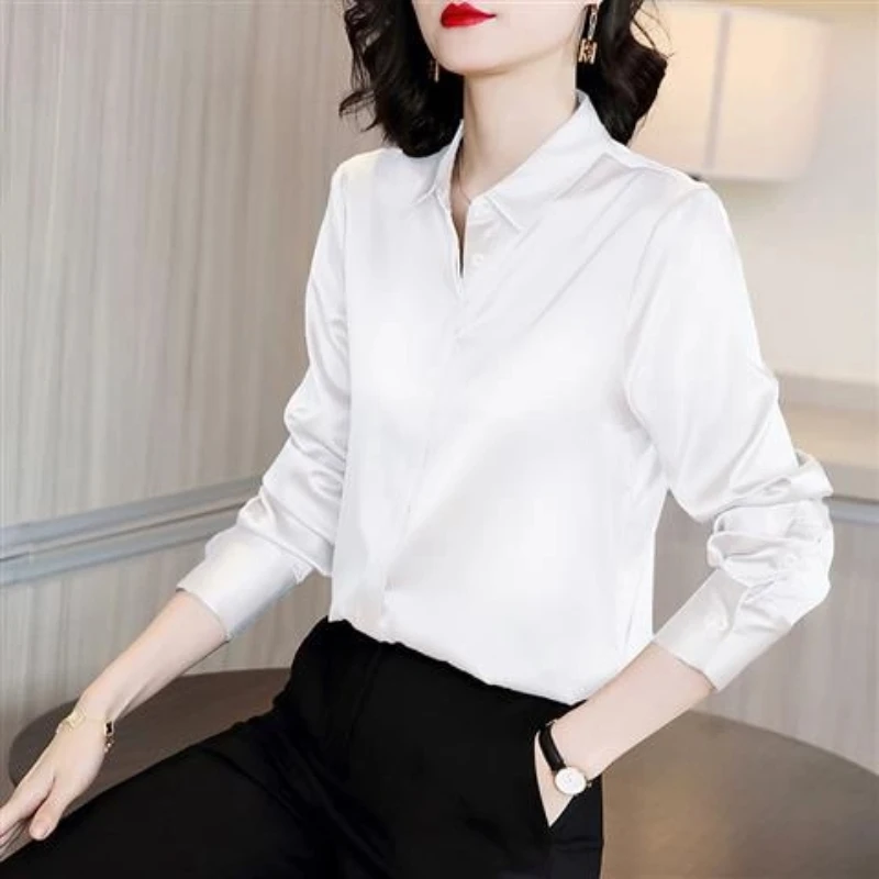 Office Lady Simplicity Long Sleeve Blouse Spring Autumn New Polo Neck All-match Vintage Shirt Tops Fashion Elegant Women Clothes