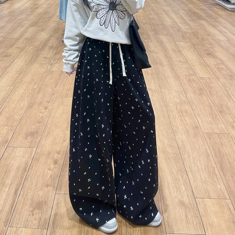 Harajuku floral cinza sweatpants feminino outono inverno estilo preguiçoso cordão perna larga calça coreano contrastante streetwear