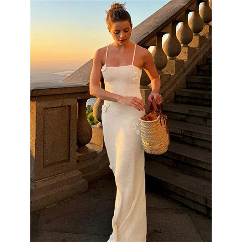 Bonny 꽃 슬림 여름 맥시 드레스 여성 니트 스파게티 하이 웨이스트 백리스 패치 워크 파티 드레스 여성 니트 Bodycon 복장