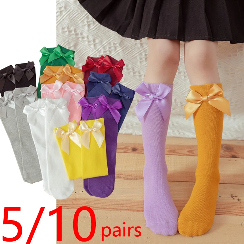 5/10 Paar solide Socken-Sets für Kinder für Mädchen, 2025, niedliche Kinder-Baumwoll-Bowknot, weißer Strumpf für Mädchen, lange Socken, modischer Tanz
