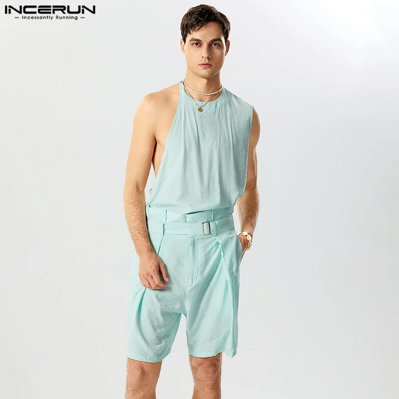 2023 Men Sets Solid Color Loose Streetwear O-neck Sleeveless Irregular Tank Tops & Shorts 2PCS Men\'s Casual Suits S-5XL INCERUN