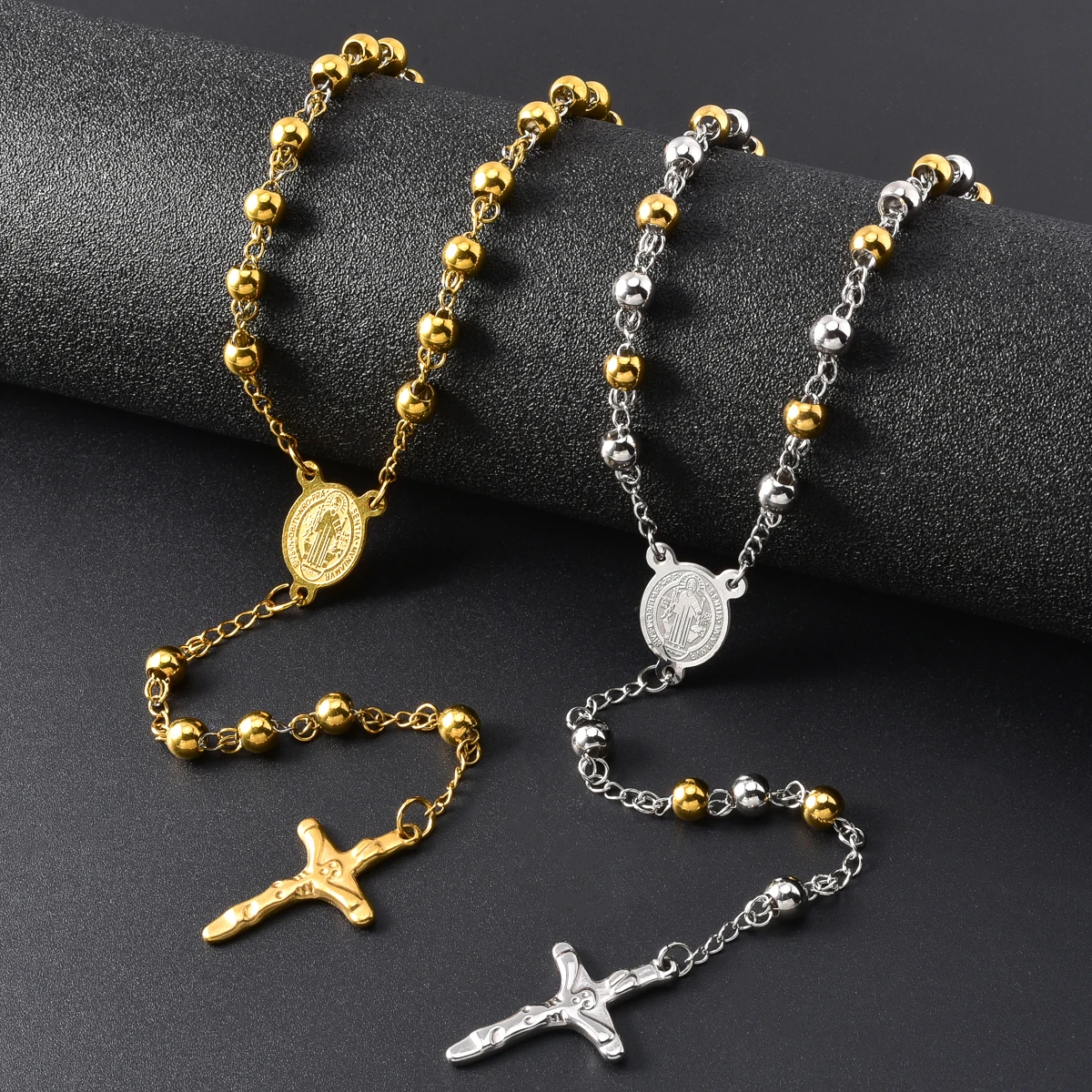 Stainless Steel Rosary Necklace with Cross and Medals Religious Catholic Gifts for Women Men Holy Mary Prayer Beads Jewelry