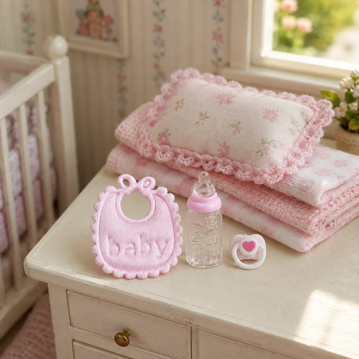 `Miniature Doll Baby Accessory Set 3‑Pcs Embroidered Bib Clear Bottle Pacifier for 1/12 Dollhouse Nursery Diorama Scene Decor`