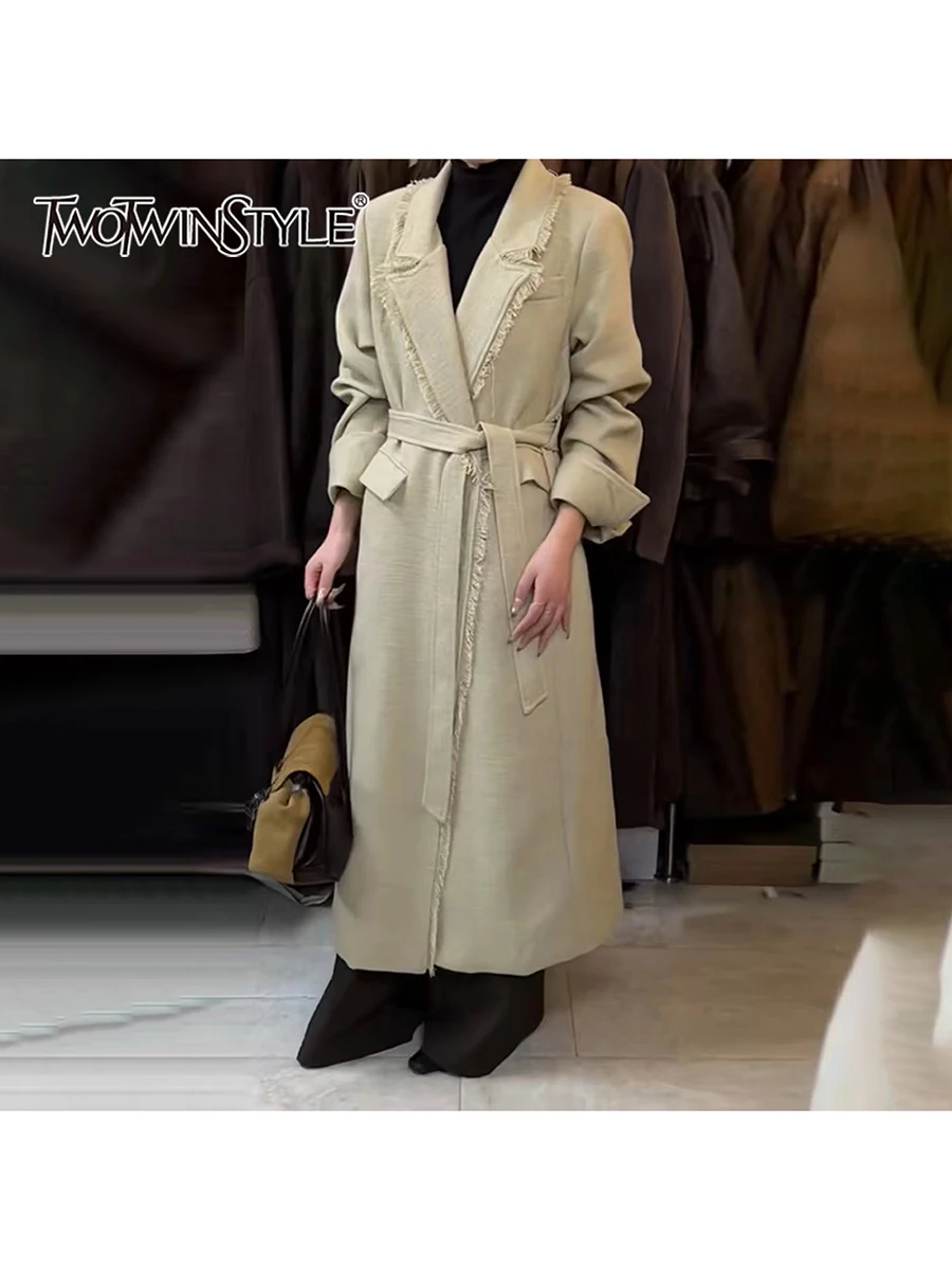 

TWOTWINSTYLE Fashion Spliced Tassels Elegant Coats for Women Lapel Long Sleeves Patchwork Lace Up Basics Coat Female Clothes New