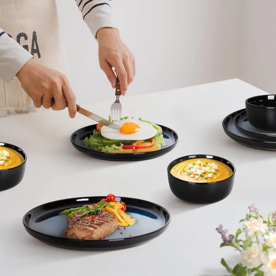 طقم أواني طعام مكون من 16 قطعة لـ 4 أطباق وأطباق من الخزف الحجري مع رقاقة أكواب ومجموعة أطباق مقاومة للخدش مصنوعة يدويًا من الزجاج التفاعلي