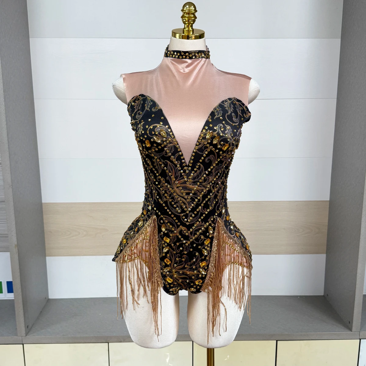 Damen Strass Gold Quasten Ärmelloser Bodysuit Salsa Latin Tanz Drag Queen Kostüm Nachtclub Sänger Bühnen-Performance-Outfit