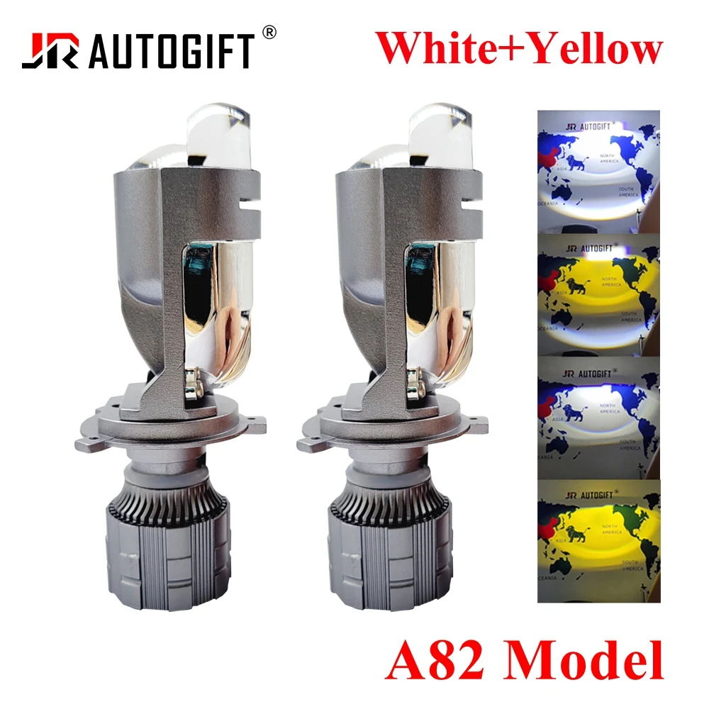 2PCS Dual Mini Len Projector LED Headlight A82 H4 Headlight Dual Colors White Yellow LED Motorcycle Headlight Hi-Lo Beam