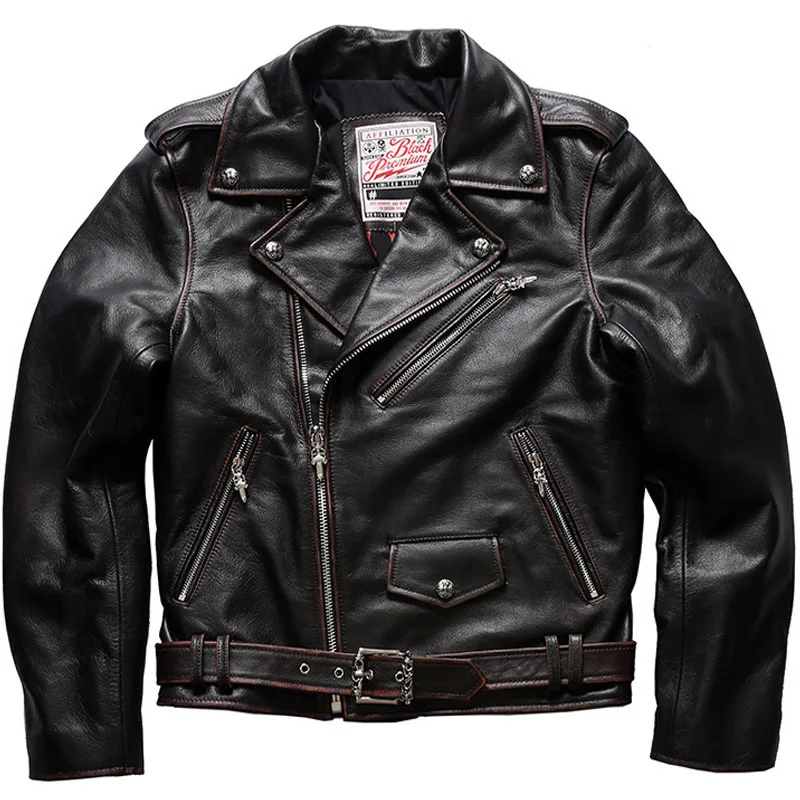 Classic Sports Double-Breasted Moto Jacket | Oily Pull-Up Cowhide Leather Asymmetric Zipper 1950s Vintage Men's Biker Jacket