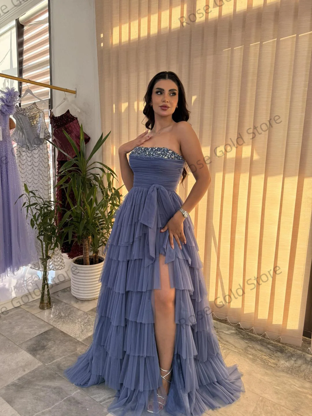 Illusion Blue Evening Dresses Charming A Line Tiered Ruffled Prom Gowns for Dubai High Slit Tulle Vestido de  Gala Customized