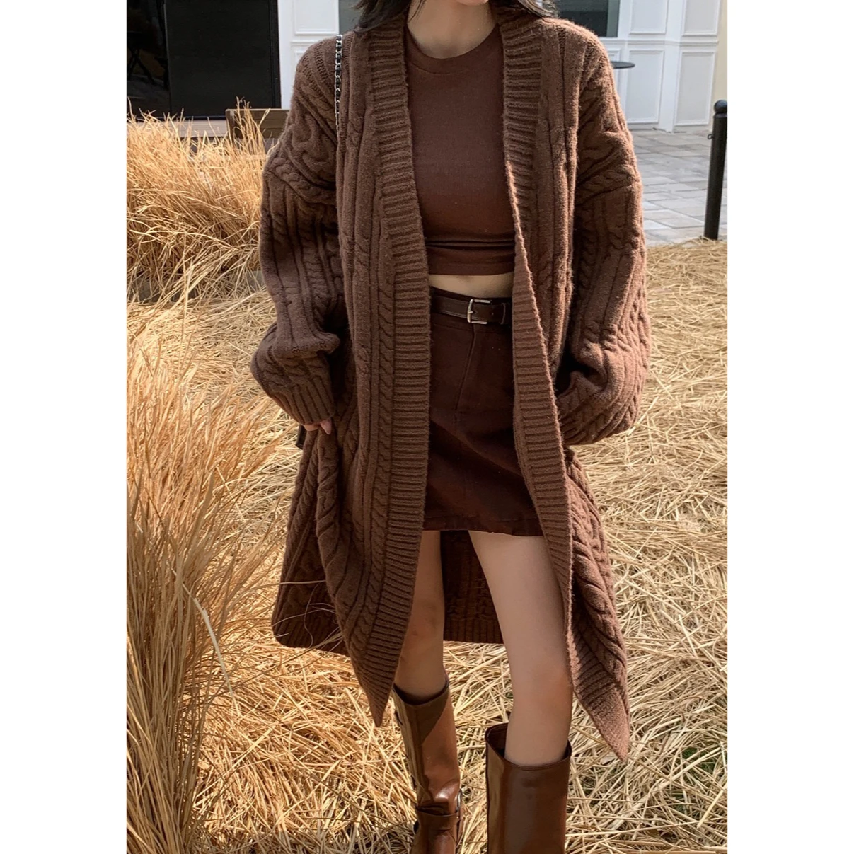 Long Sweater Cardigan Women Over Knee Loose Lazy Style Retro Thickened Fried Dough Twists Knitting Coat in Autumn and Winter