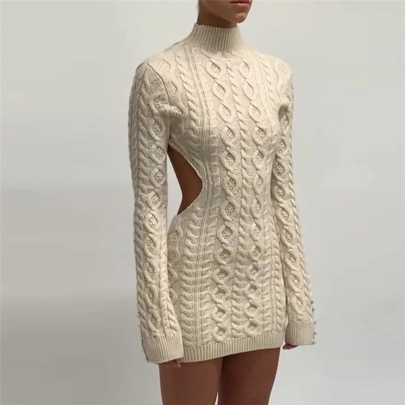 The latest fashion trend women\'s long-sleeved round-necked backless slim-fit bodycon knit dress