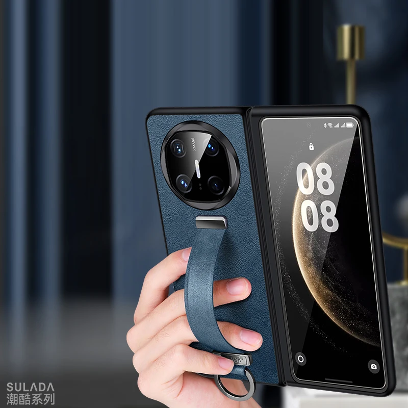 

Luxury Leather Cover For HUAWEI Mate X6 X5 X3 Case with Portable Wristband Hand Strap Kickstand Metal Ring