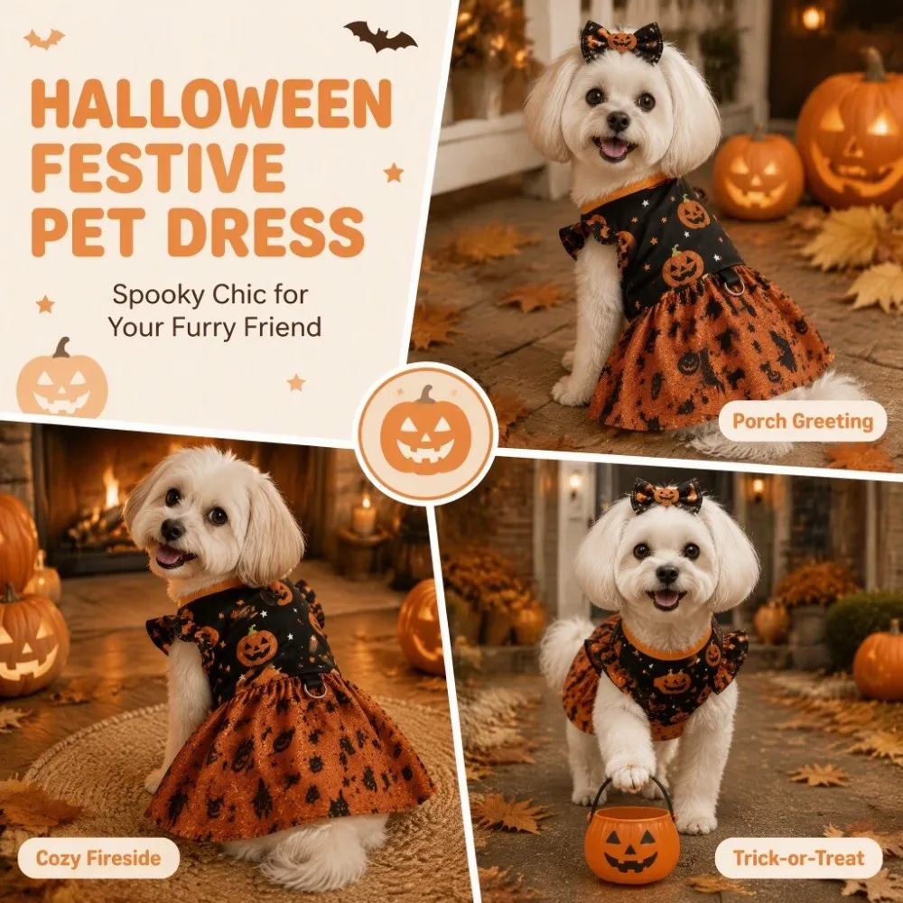 Breathable Halloween Pet Dress Comfortable Color-blocking Dog Pumpkin Print Dress Soft Halloween Dog Clothes Halloween