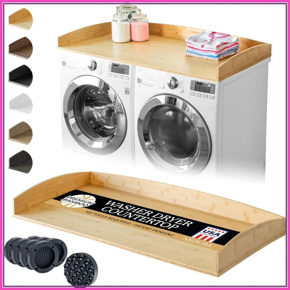 

Bamboo Washer Dryer Countertop 54"x27.5" Anti-Vibration Pads Curved Edge Rails Laundry Room Topper