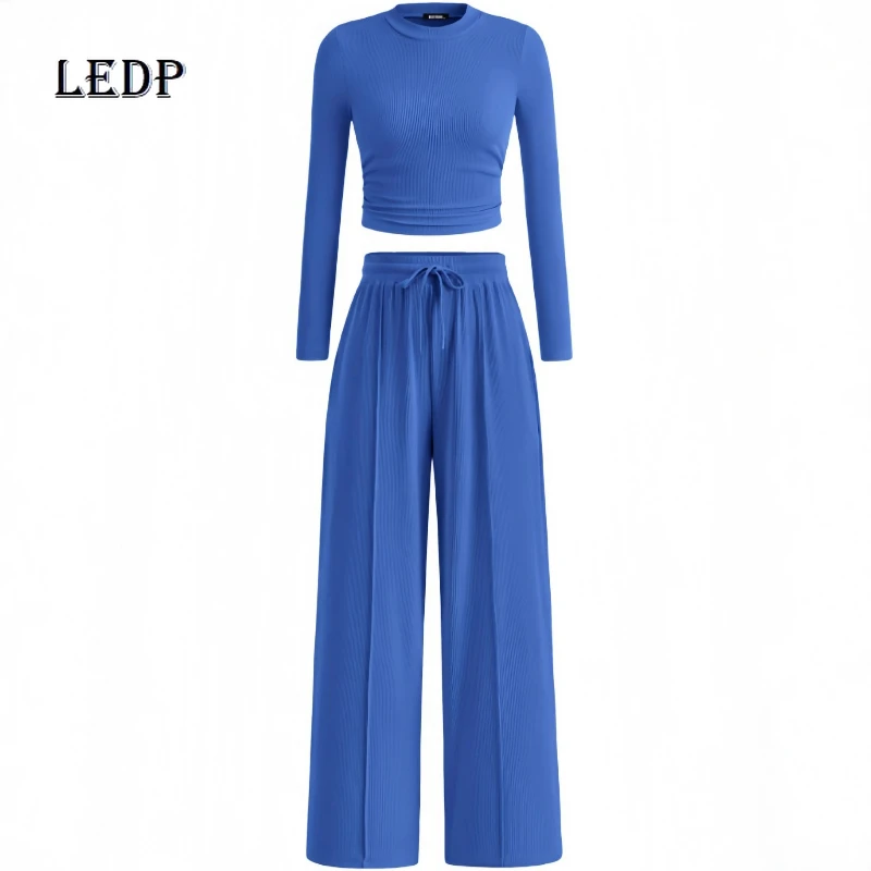 Новинка 2023 года, женские брюки, комплект из двух предметов, европейско-американский дизайн, топ с открытыми пуговицами и длинными рукавами, широкие брюки, модный женский костюм