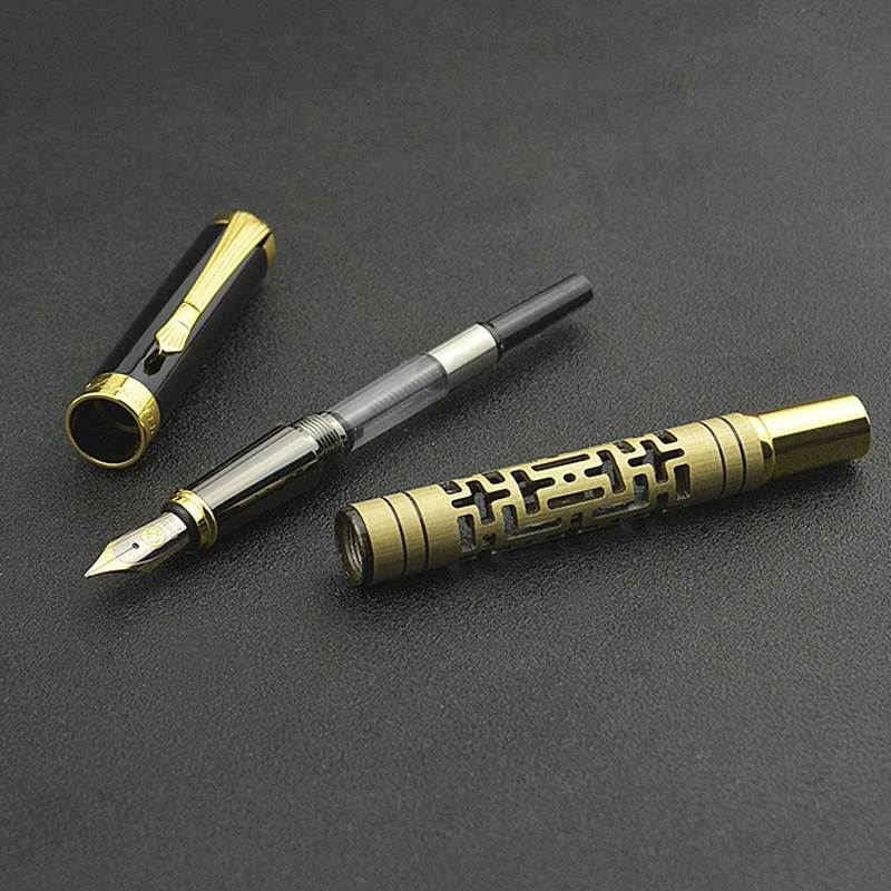 Retro Metal Hollow Iridium Fountain Pen 0.7mm Nib Teacher Student Writing Practice Pen Business Office Signature Pen
