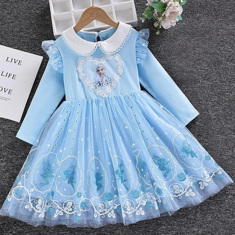 Disney Girls Dress Long-sleeved Frozen Princess Dress for Children Gauze Blue pink Kids Dress  Elsa Anna Birthday Party Clothes