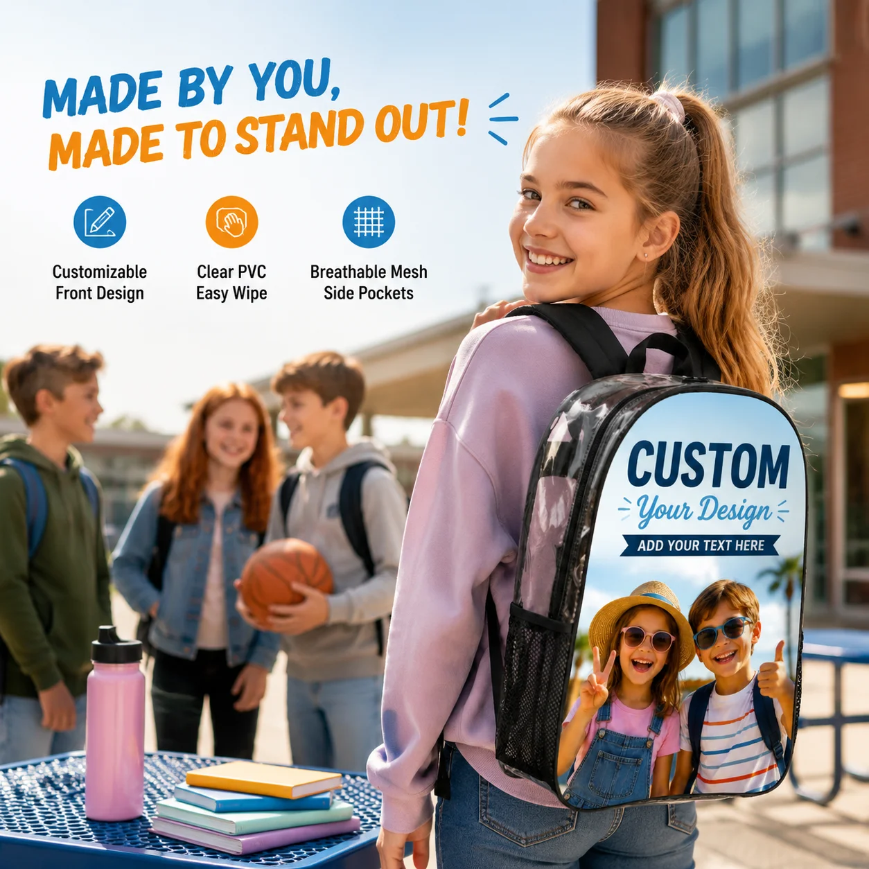DIY Custom Photo Transparent PVC Backpack Waterproof Stadium Approved Book Bag Mesh Side Pocket Custom Print Travel Shoulder Bag