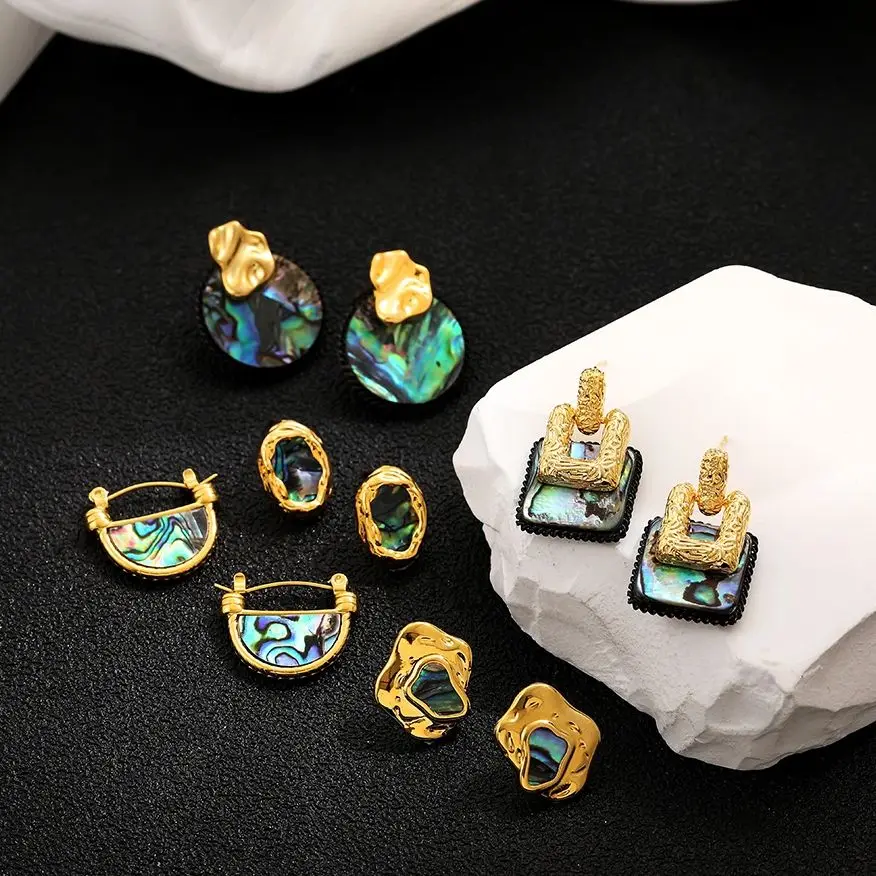 Vintage geometrische natürliche Abalone-Muschel-Ohrringe für Frauen, elegante bunte Charms, vergoldete Ohrstecker, Schmuck-Statement