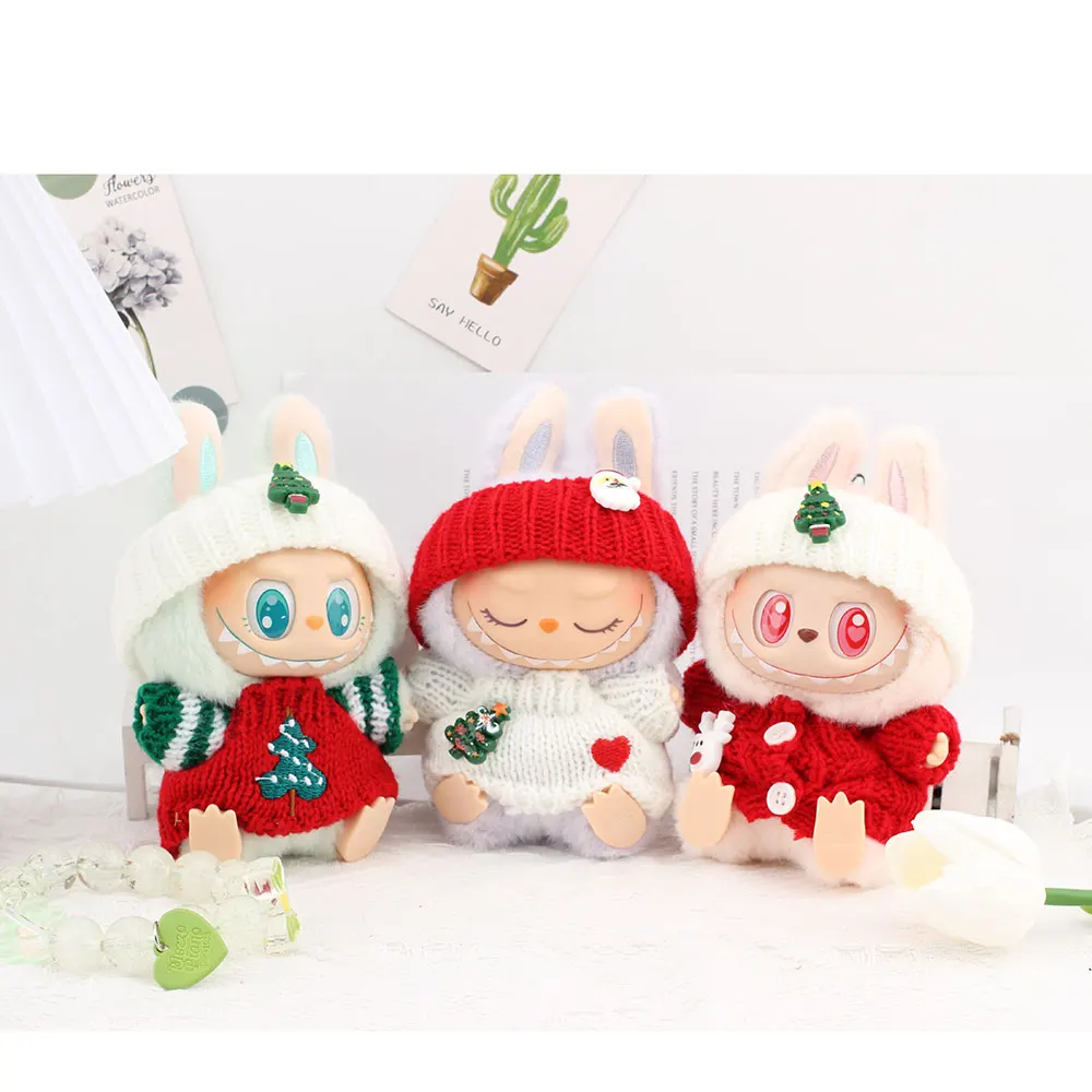 ชุดเสื้อผ้าตุ๊กตา Labubu ใหม่ เสื้อสเวตเตอร์คริสต์มาสสีแดง หมวก และผ้าพันคอ ขนาด 17 ซม. รองเท้า ตุ๊กตา อุปกรณ์ DIY