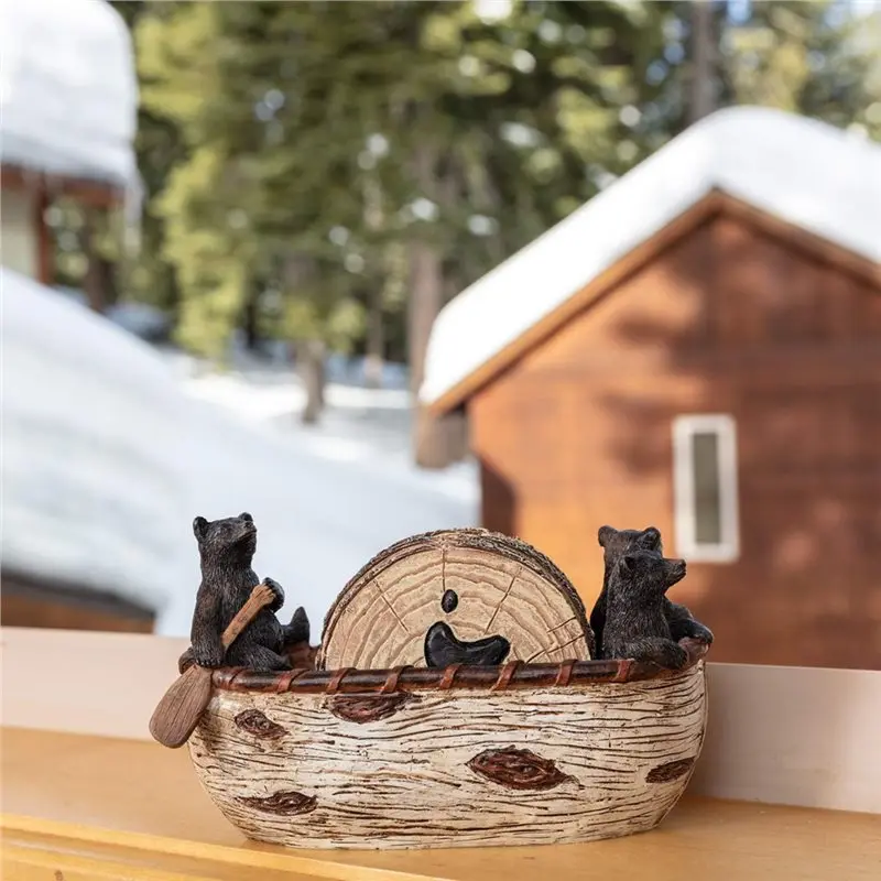ABBP-Bear Coasters Set Of 6 Full Size Lack Bear Log Cabin Decorations Rustic Lodge Decor