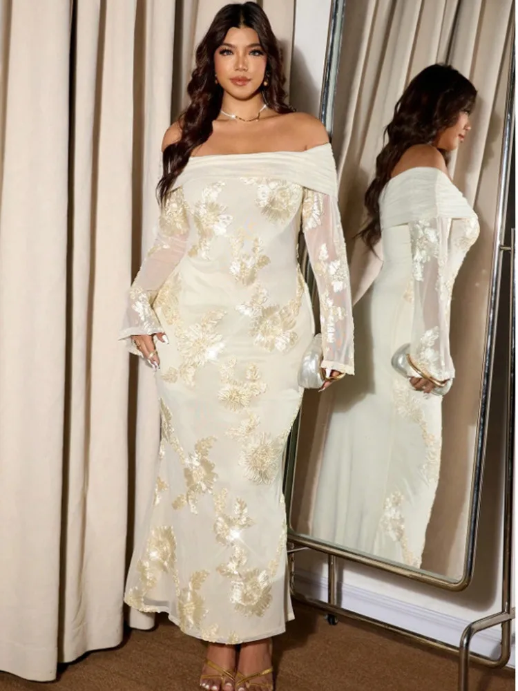 

SKMY Elegant Long Sleeve Pleated Off The Shoulder Dress Fashion Floral Jacquard Printed Women Clothing Bodycon Party Dress