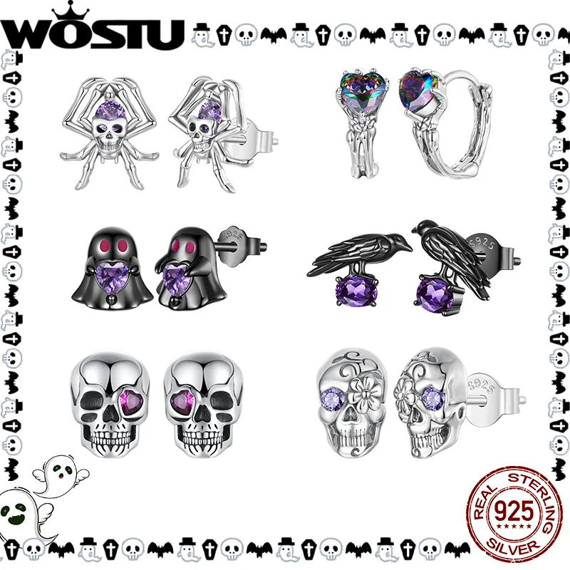 

WOSTU стерлингового серебра 925 пробы, серьги-гвоздики с призраком, череп/паук/ворона/рука, темные для женщин и девочек, ювелирные изделия на Хэллоуин, подарок