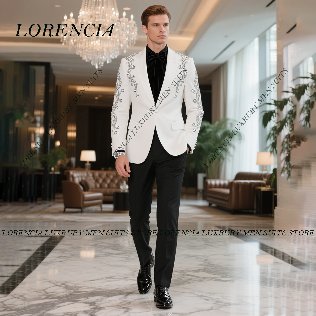 

Customized High End Metal Embellished Beadeds Men Suits Peaked Lapel Groom Tuxedos 2 Pieces Sets Party Prom Blazer Costume Homme