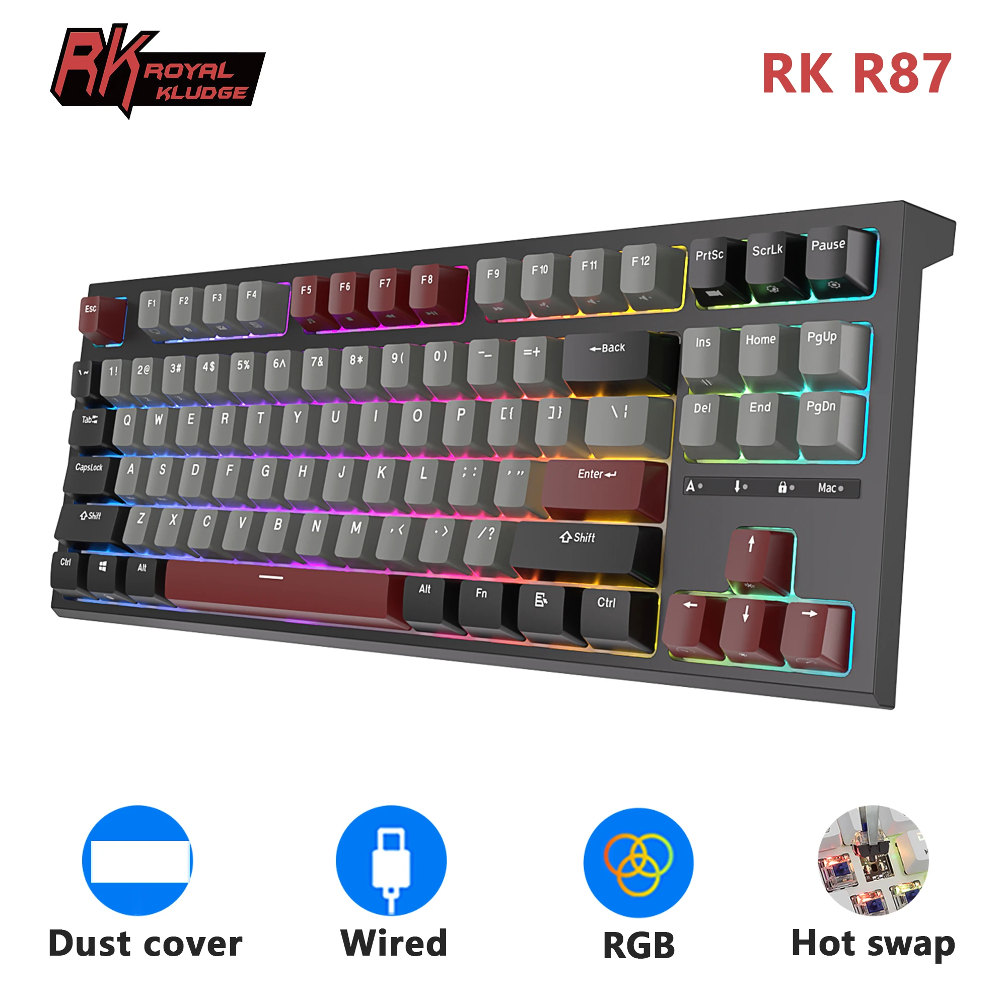 Royal Kludge-teclado Mecânico com Fio Retroiluminado Rgb Hot-swappable Teclado Gamer Teclados Personalizados com Capa Protetora contra Poeira R87 rk