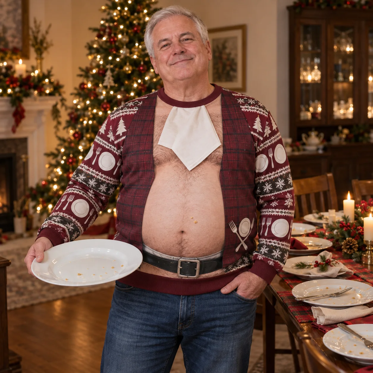 Weihnachts-Dinner-Bauch-Design, hässlicher Weihnachtspullover für Herren, 3D-Druck, Polyester, Rundhals-Sweatshirt, lustiger Pullover für Feiertagspartys. – Detail 8
