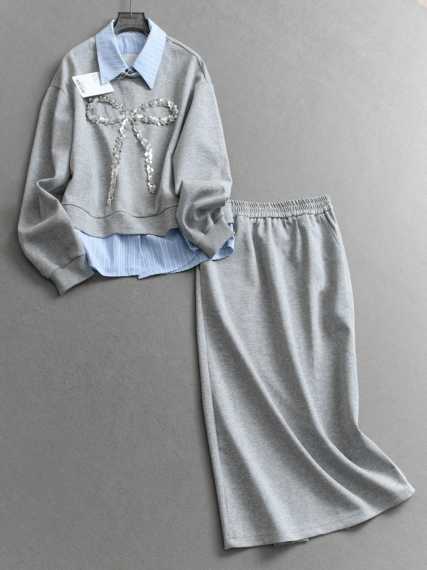Slimming Effect  Knot Striped Long Sleeve Hoodie Women's Set with High Waist  Skirt Fashionable Casual Style Spr...