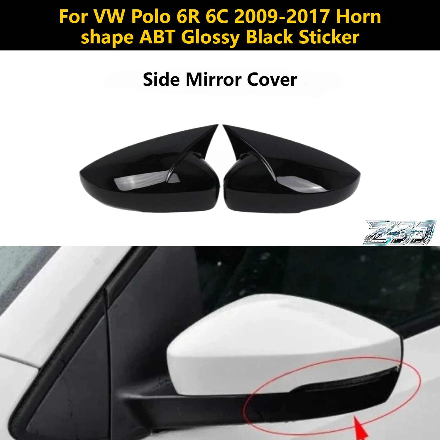 

New 2pc Add-on Bat Style Side Mirror Cover For VW Polo 6R 6C 2009-2017 Horn Shape ABT Glossy Black Sticker