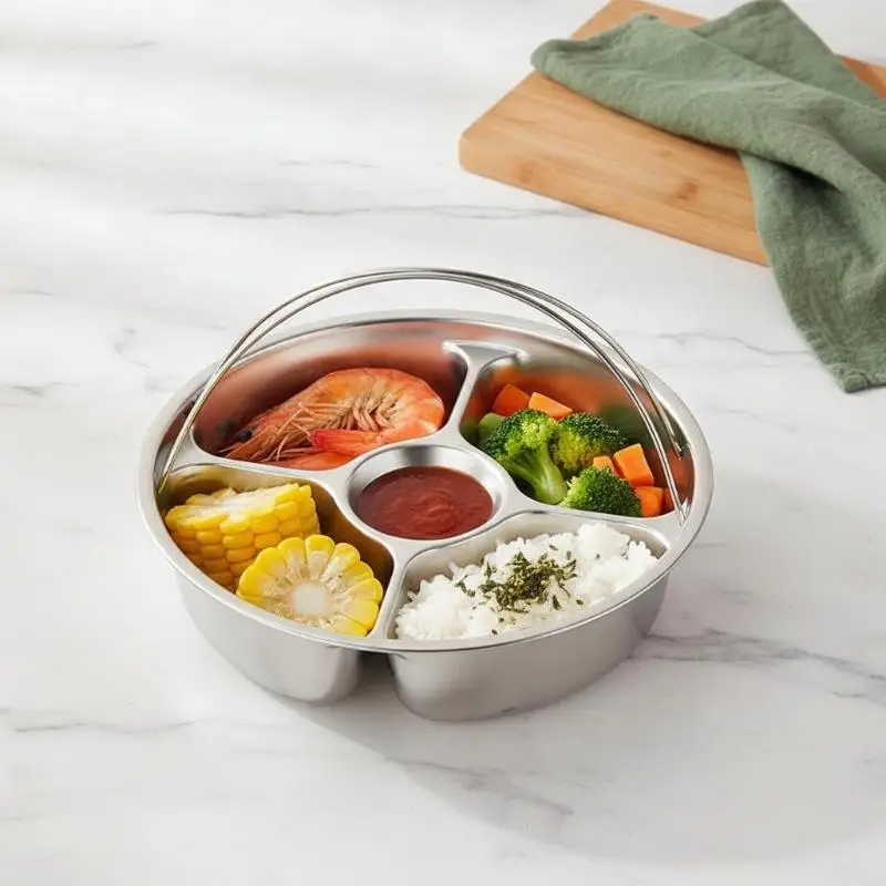 Food Grade Stainless Steel 5 Grid Steaming Plate Divided Food Tray with Handle for Baby Toddler Meal Feeding