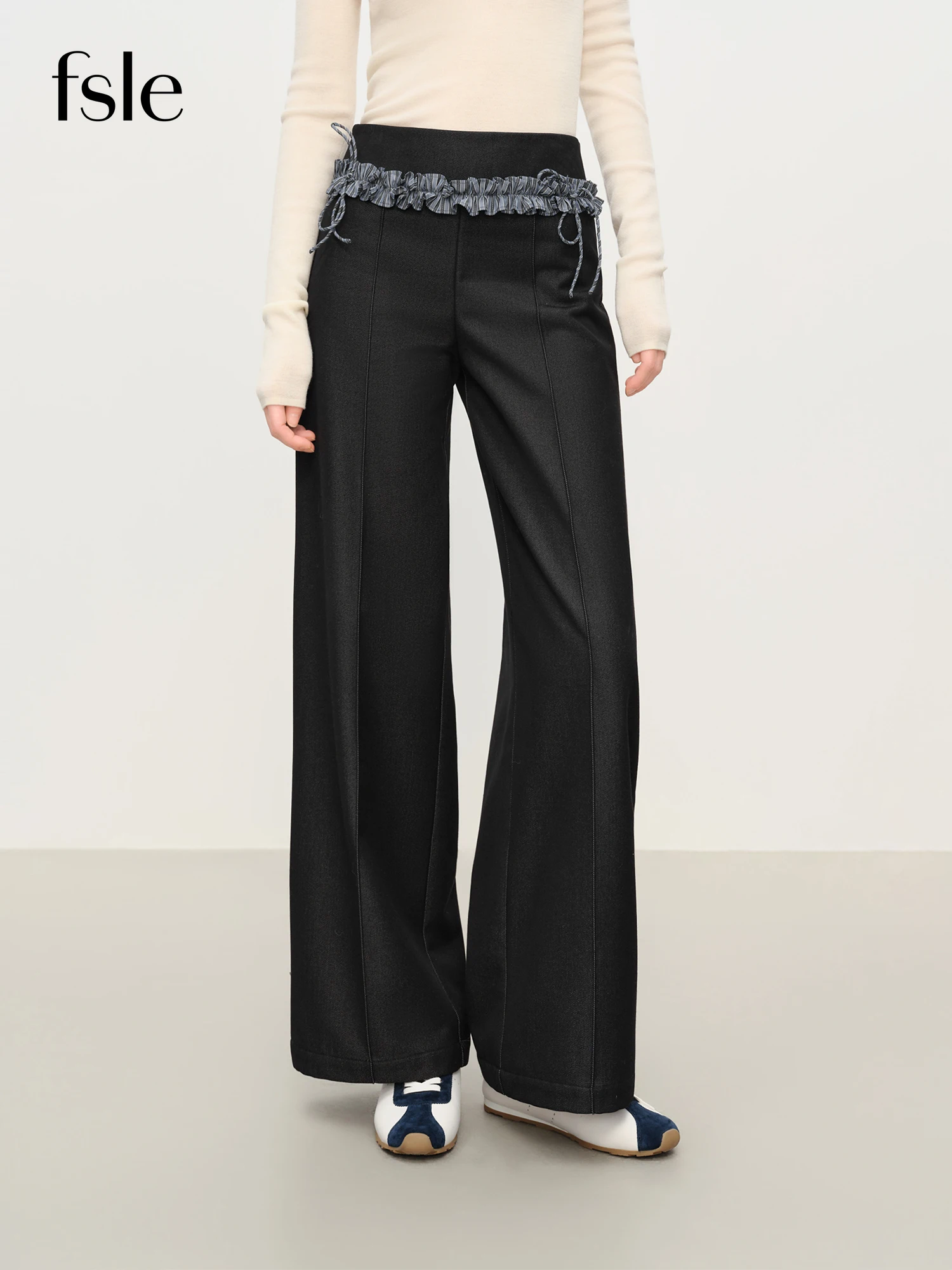 

FSLE Knit Waistband Wood Grain Hem Women's High-Rise Straight-Leg Casual Fall Winter 2025 New Arrival Soft Drape Casual Pants