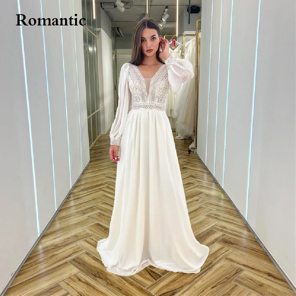 Romantico una linea semplice abito da sera scollo A V lunghezza del pavimento maniche lunghe donna abiti da ballo formali Vestido de festa Plus Size