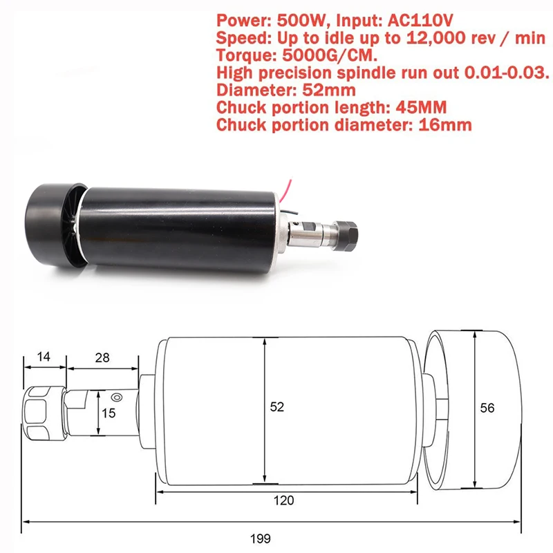 500W/800W Air Cooled DC Motor ER11 Chuck CNC Spindle Motor+52mm Clamp+Power Supply Speed Governor For Engraver