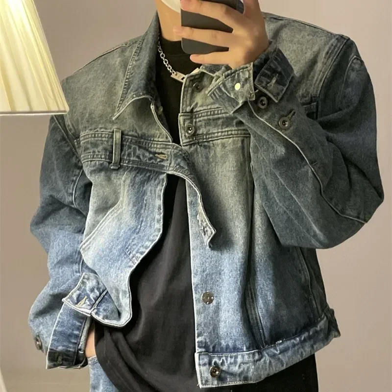 

Men's Design Denim Jacket American 2023 Vintage Turn-down Collar Belt Design Single Breasted Male Coat High Street 24X1972