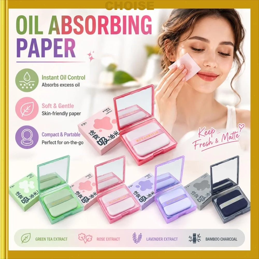 100pcs Facial Oil Blotting Paper With Mirror And Powder Protable Natural Bamboo Charcoal Oil Absorbing Paper Freshness Skin Care