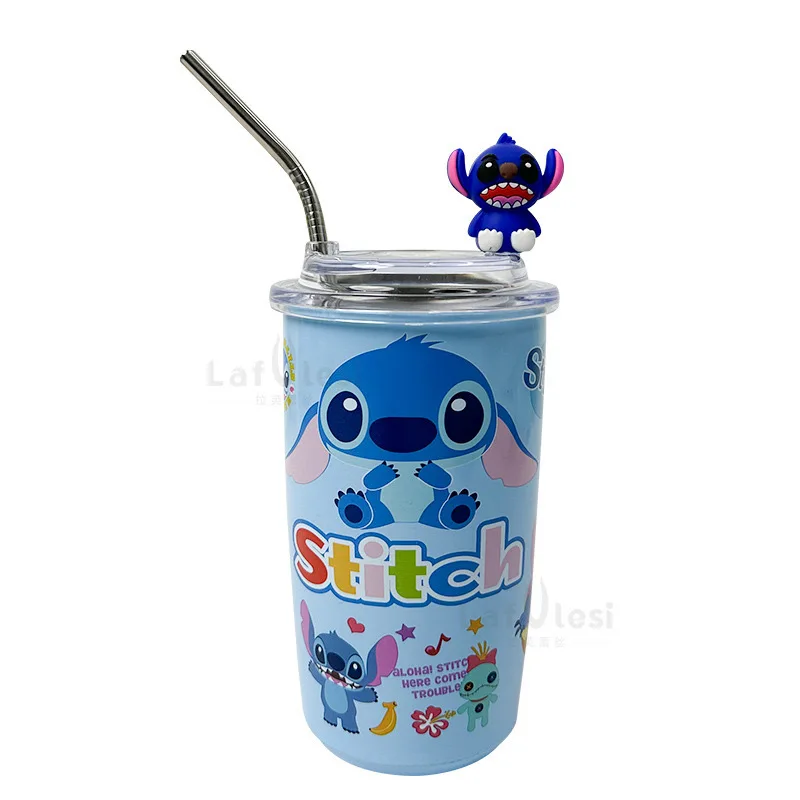 New Stitch Thermos Mug Anime Cartoon Character Disney Accessories Stainless Steel Portable Cute Straw Coffee Mug Christmas Gift